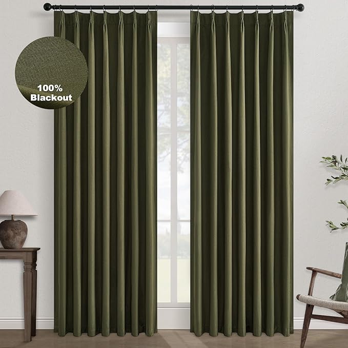 Topfinel Olive Green Linen Blackout Curtains 96 Inches Long, 100% Blackout Pinch Pleated Dark Green Boho Soundproof Track Back Tab Drapes with Hooks Rings for Living Room Bedroom Sliding Door