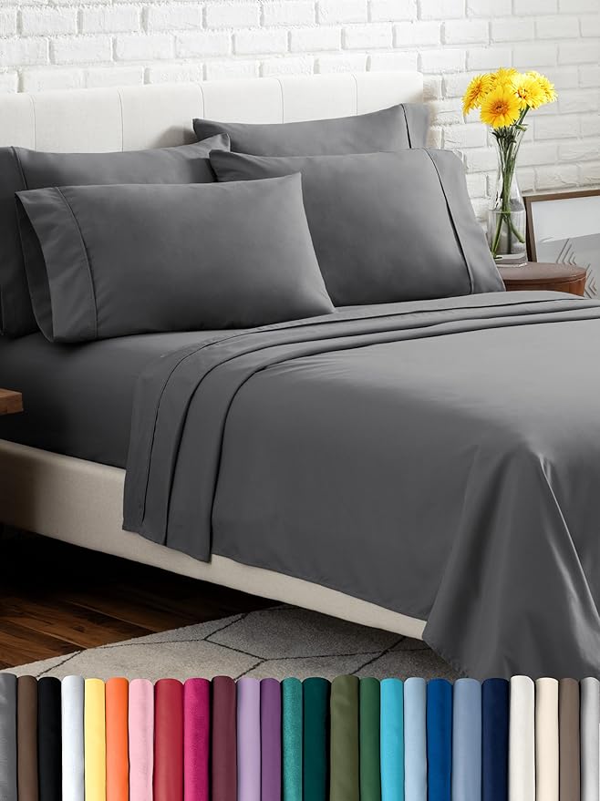 Bare Home Hotel Luxury Split Head Flex King Sheet Set, Extra Soft, Deep Pockets, Easy Fit, Cooling & Breathable, Wrinkle, Fade, Stain Resistant, with 4 Pillowcases (Split Head Flex King, Grey)