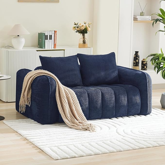 Corduroy Boneless Living Room Sets, Modern Upholstered Loveseat with 2 Signle Sofa Chairs, Comfy Deep Seat Cloud Sofa Couch Sets for Living Room, Navy