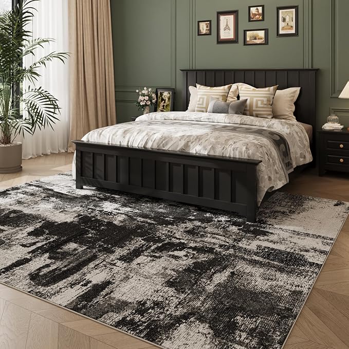 5x7 Area Rug Living Room Rugs - Machine Washable Neutral Abstract Rugs for Dinning Room Indoor Floor Non Silp Rug Carpet for Bedroom Home Office Decor - Black White