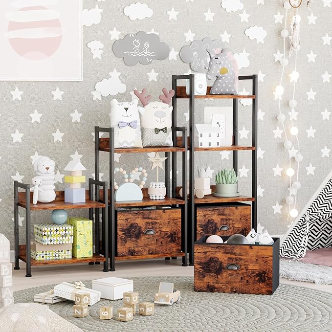 Furologee 4 Tier Bookshelf with Drawer, Tall Bookcase with Shelves, Narrow Bookshelves Storage Organizer, Wood and Metal Display Standing Shelf Unit for Bedroom, Living Room, Rustic Brown