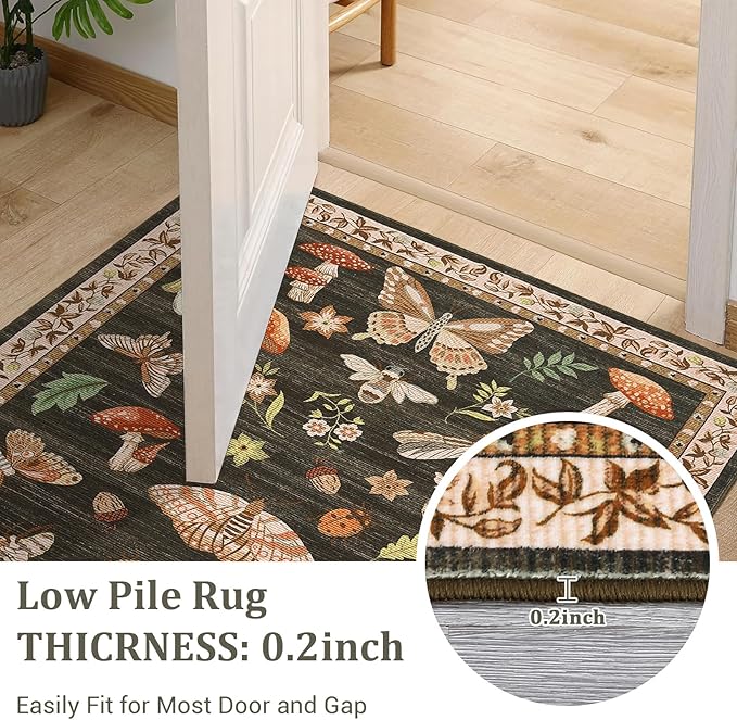 Mushroom Insect 4ft Round Rug Washable Non-Slip Soft Ultra-Thin Small Boho Circle Carpet for Entryway Kitchen Bedroom Nursery Dining Room Brown