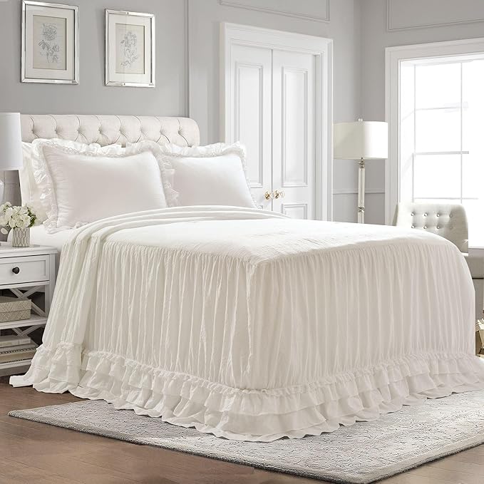 Lush Decor Ella Ruffle Lace Bedspread, 3 Piece Set, Queen, Neutral - Cute Bed Set - Queen Bedding - Beige Bedding - Coquette Decor - Neutral Ruffle Trim - Beige Lace Trim