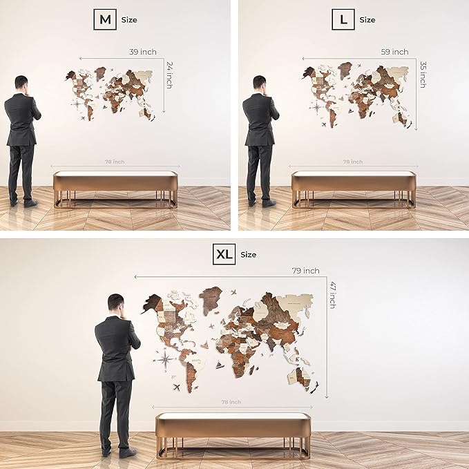 Handmade 3D Wood World Map Wall Art Large Wall Decor Track Your World Travels - Special for Home, Kitchen and Office (Medium, Oak)