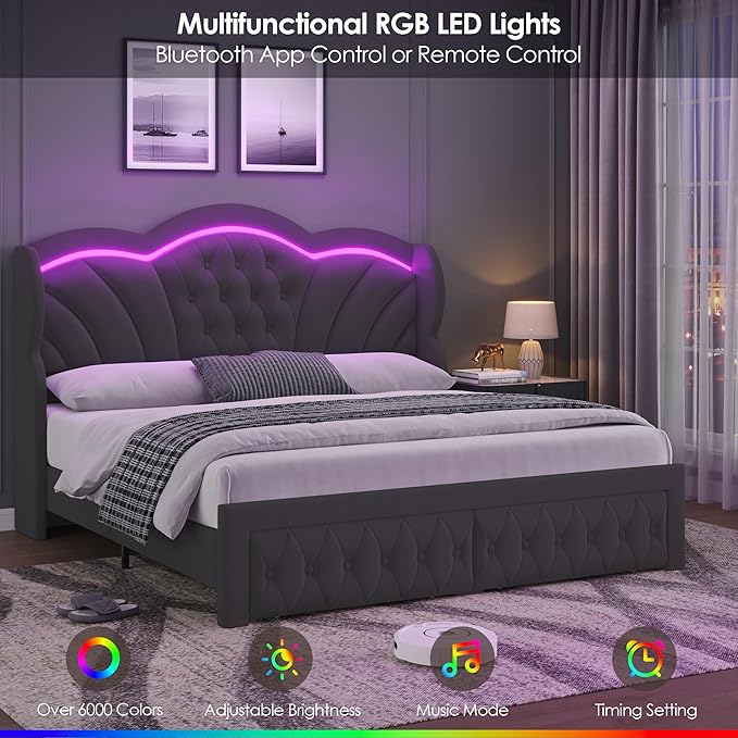Keyluv King Bed Frame with LED Lights and 2 Storage Drawers, Velvet Upholstered Platform with 47" Tall Arc-Shaped Wingback Headboard and Button Tufted Design, No Box Spring Needed, Noise-Free, Gray