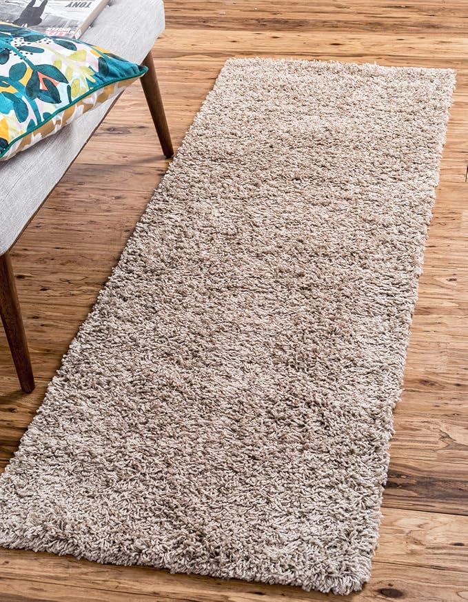 Unique Loom Solid Shag Collection Area Rug (2' x 6' 5" Runner, Taupe)