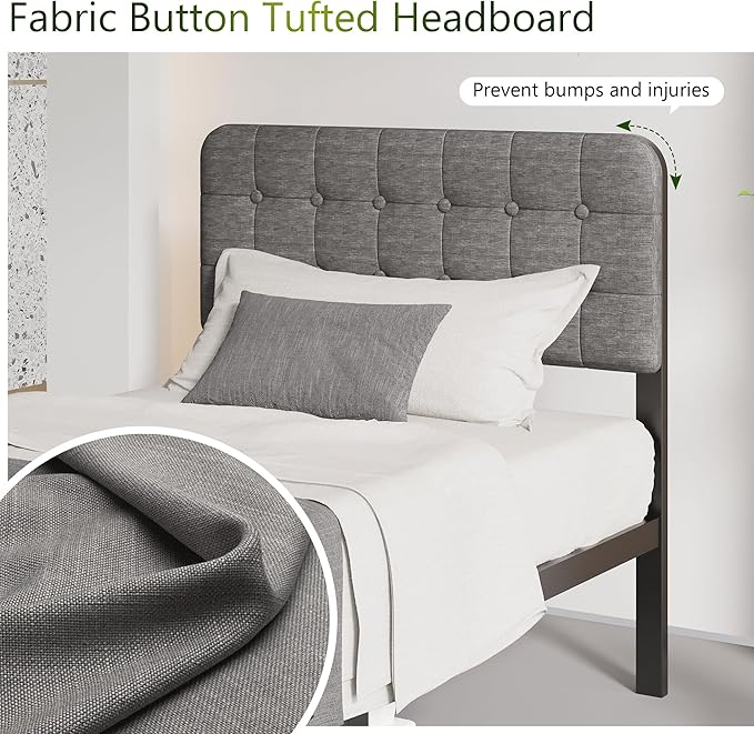 12 Inch Twin Bed Frames with Upholstered Headboard and Metal Footboard, No Box Spring Needed, Heavy Duty Twin Metal Mattress Foundation, Noise Free, Easy Assembly
