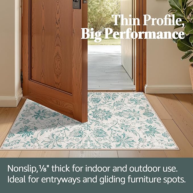 jinchan Torino Classic Floral Round Rug 7ft Vintage-Inspired Design 7’Circle Rug Machine Washable Ultra-Thin Low-Pile Non-Slip Indoor Carpet for Bedroom Dining Room Living Room