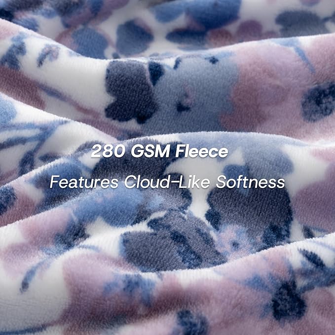 Luxury Printed Fleece Warm Blanket, Soft Lightweight Velvety Plush Throw for Couch and Bed, Cozy Comfy for All Seasons(White Purple Flowers, 70×90 Inches)