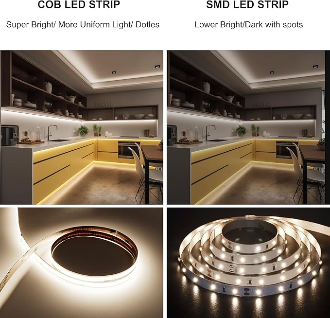 COB LED Strip Lights with Remote, 24V 9.84ft Natural White Dimmable LED Light Strips, High Bright 4000K LED Lights with Power Supply for Room, Kitchen, DIY Home Decoration