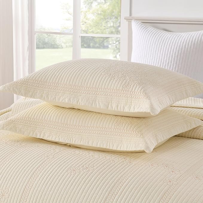 MarCielo 100% Cotton Quilt Set Lightweight Bedspread with Scalloped Edge, Farmhouse Vintage Bedding, All Season Use(Tu Beige,Queen (98"x102"))