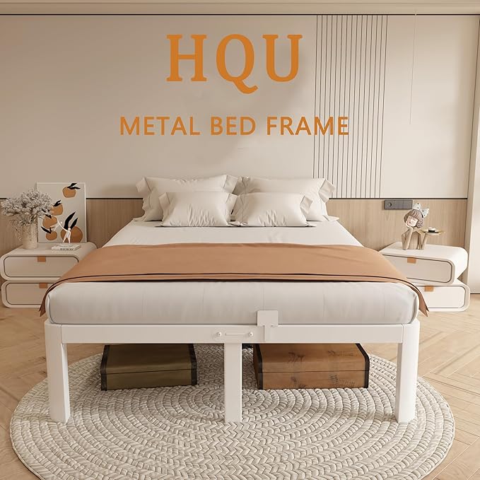 14 Inch Bed Frame Full Size with Metal Gaskets, Heavy Duty Steel Support 3500 LBS, No Box Spring Needed, DIY Headboard, Anti-Slip Mattress Stopper, Round Corner Leg, Easy Assembly, White