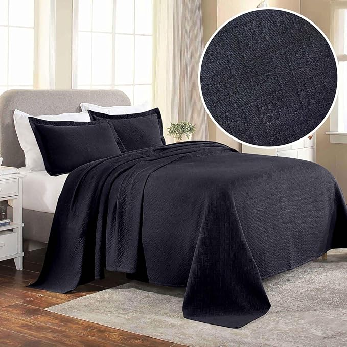 Superior 100% Cotton Basket Weave Bedspread with Shams, All-Season Premium Cotton Matelasse Jacquard Bedding, Quilted-Look Geometric Basket, King, Navy Blue