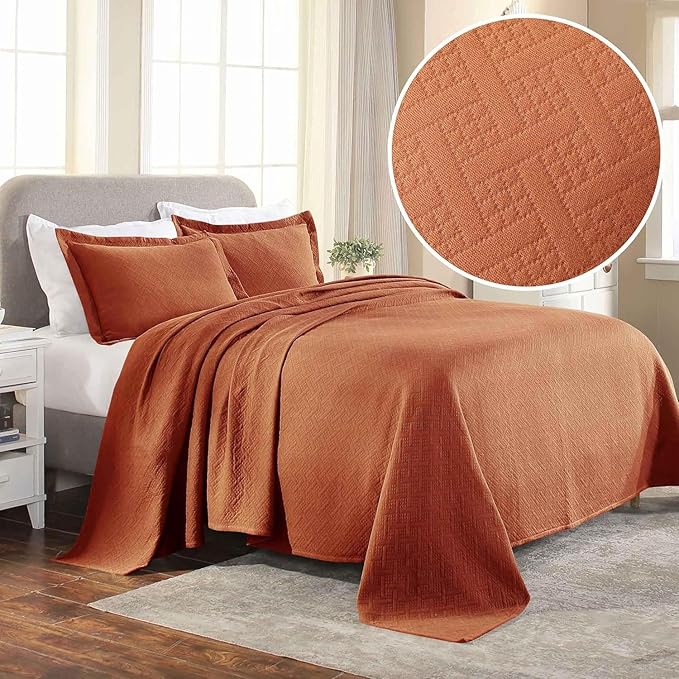 Superior 100% Cotton Basket Weave Bedspread with Shams, All-Season Premium Cotton Matelasse Jacquard Bedding, Quilted-Look Geometric Basket, Twin, Mandarin