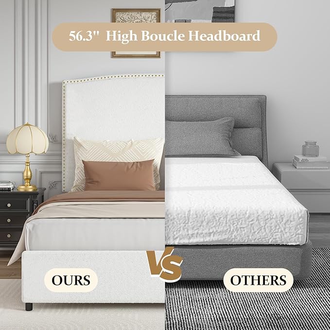 Full Size Bed Frame with Headboard, 56" Upholstered Platform Bed with Nailhead Trim, Soft Boucle Fabric, No Box Spring Needed, Easy Assembly, White