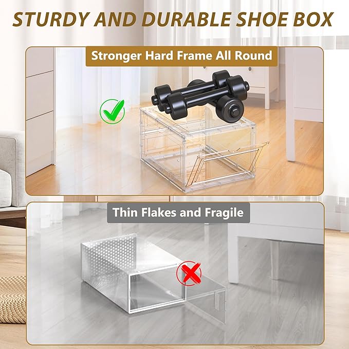 10 Pack Extra XX Large Hard Plastic Clear Stackable Shoe Storage Box Organizer for Closet, Thicken Sturdy Sneaker Shoe Rack Display Case Containers Bins with Lids and Magnetic Door, Clear