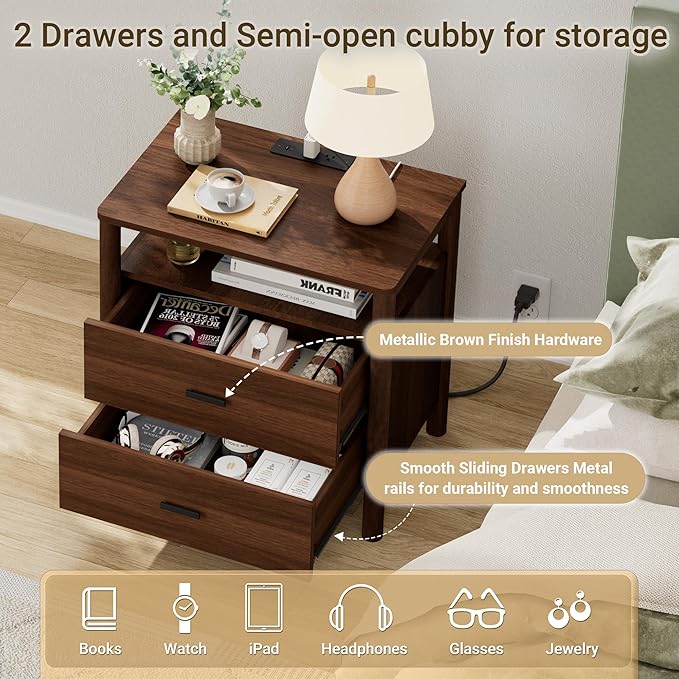 FavourLife Night Stand Set 2, 23" Wide Nightstands Set of 2, Walnut Nightstand with Charging Station, 2 Drawer Wooden End Table with Solid Round Post Legs & Open Shelf,Modern Bedside Table for Bedroom