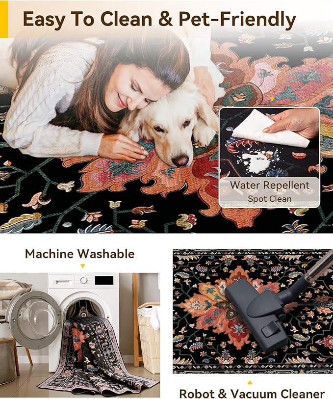 Area Rugs 3'x8' Washable Non-Slip, Floral Vintage Distress Print Pattern Medallion Carpet for Living Room Bedroom Dining Room, Black Colorful Floral Dark Tan