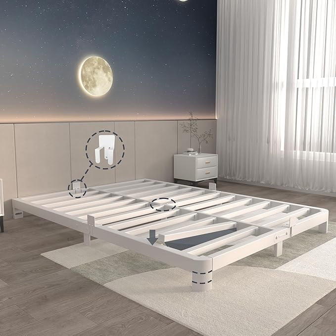 ITIMIDI 4 Inch White Queen Bed Frame, Metal Platform Bed Frames with Metal Gaskets, Heavy Duty Steel Support 3000 LBS, No Box Spring Needed, Anti-Slip Mattress Stopper, Easy Assembly