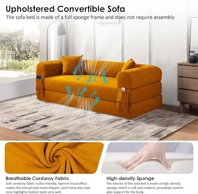 80" Convertible Sofa Bed, 3-in-1 Corduroy Folding Pull Out Couch with Pillows, No Assembly Modern Boneless Couch Compression Sofa in Box, Floor Sofa with Side Storage Pocket for Living Room, Yellow