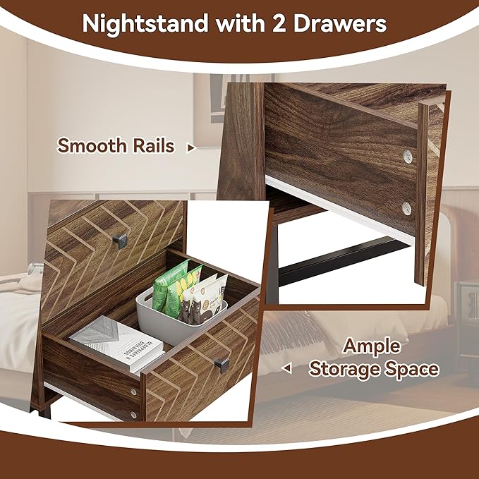 Modern Nightstand Set of 2,Morden Night Stand with 2 Drawers,End Tables with Storage,Bedside Tables for Bedroom,Walnut