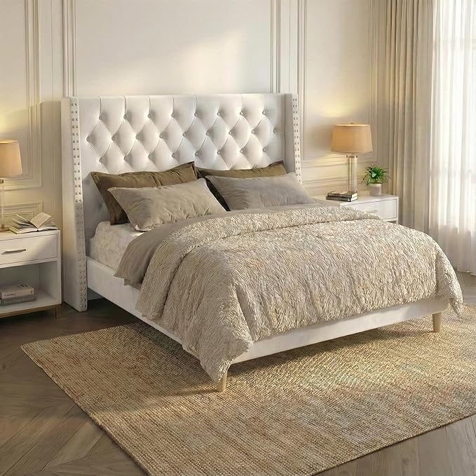 Queen Bed Frame White Velvet, 47.2" Tall Wingback Headboard with Gold Nailhead Trim, Upholstered Platform Bed with Diamond Tufting, 1000lbs Heavy Duty Support, No Box Spring Needed