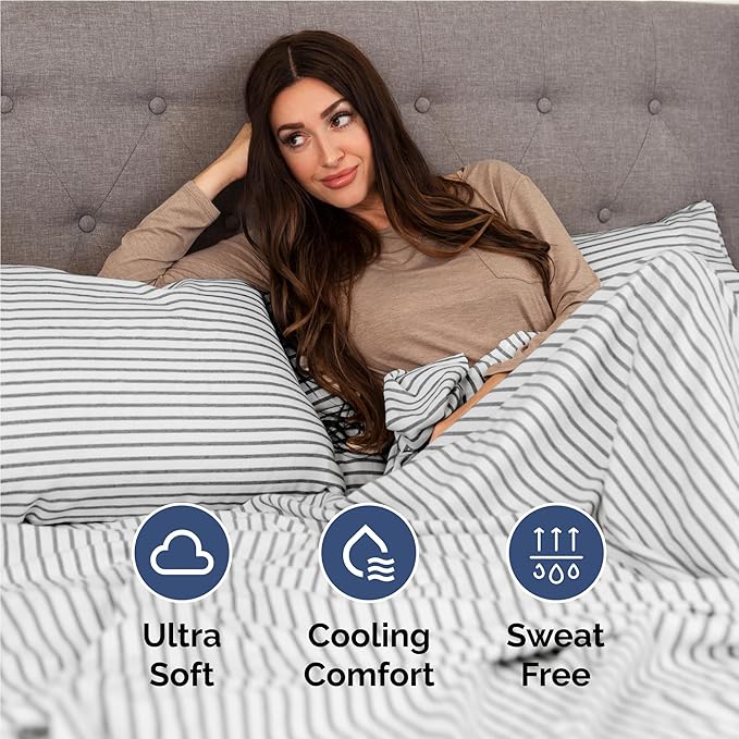 Full 6 Piece Sheet Set - Cooling, Comfy & Breathable - Hotel Luxury Bedding, Includes Fitted Sheet for Women, Men, Kids & Teens - 1 Flat, 1 Fitted Sheet, 4 Pillowcases w/Deep Pockets - Grey Stripes