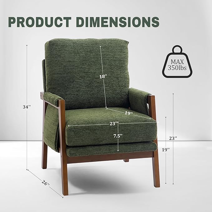 Green Accent Chair for Bedroom & Living Room, Mid Century Modern Accent Arm Chair, Upholstered Anthropologie Accent Chair with Solid Wood Frame, Fabric