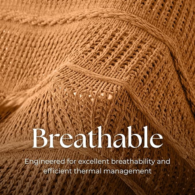 Boho Knitted Chenille Blanket with Tassels - Lightweight & Soft All-Season Throw - 3D Classic Pattern for Living Room Bedroom Couch, Amber Brown, King 90"x108"