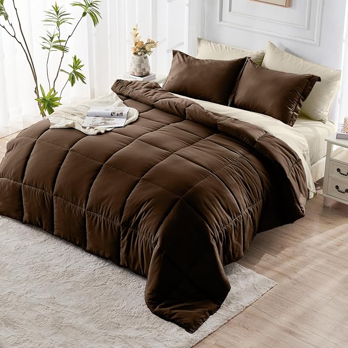 JOLLYVOGUE Queen Comforter Set, Ultra-Soft Bed in a Bag Queen Size 7 Pieces, Oeko-TEX Certified Bedding Set with Down Alternative Comforter, Sheets, Pillowcases & Shams, Brown & Beige