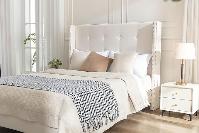 Queen Size Upholstered Bed Frame, 54" Tall Headboard Platform Bedframes with Nail Head Decorative Wingback, Hand Buttoned Tufting Headboard Beds/No Box Spring Needed/Minimalism, Ivory Velvet
