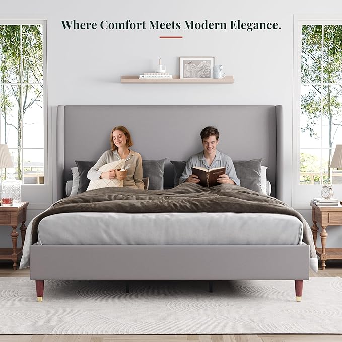 Jocisland Full Upholstered Platform Bed Frame with 51.2" Tall Wingback Headboard–Solid Wood Legs, No Box Spring Needed, Light Grey Linen–Modern Style for Any Bedroom