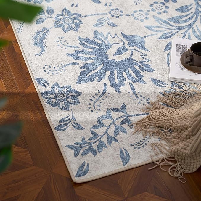 jinchan Torino 2x3 Washable Rugs for Entryway, Vintage-Inspired Floral Design Non-Slip Low-Pile Doormat, Ultra-Thin Indoor Traditional Accent Carpet for Entrance Kitchen Bathroom Bedroom, Dark Blue