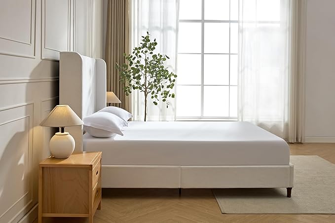 Upholstered Bed Frame with 54'' Nail Head Decorative Wing Back,Hand Buttoned Tufting Headboard Platform Bed Frame with Wooden Slats,No Box Spring Needed (Cream White, King)