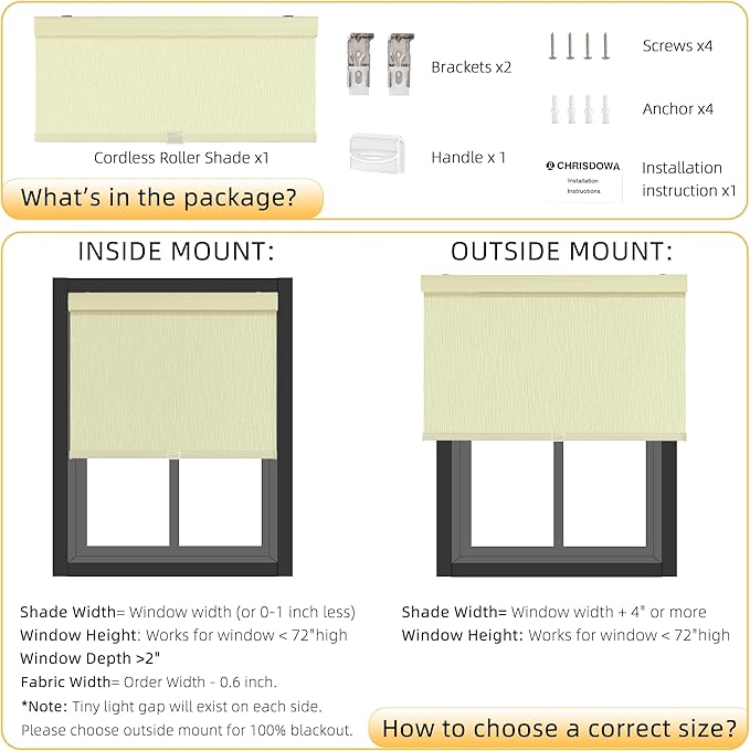 ChrisDowa Cordless Blackout Roller Shades for Windows, Striped Free-Stop Window Blinds with Privacy, Thermal Insulated Window Shades for Home, Office and Door. Beige, 20" W x 72" H