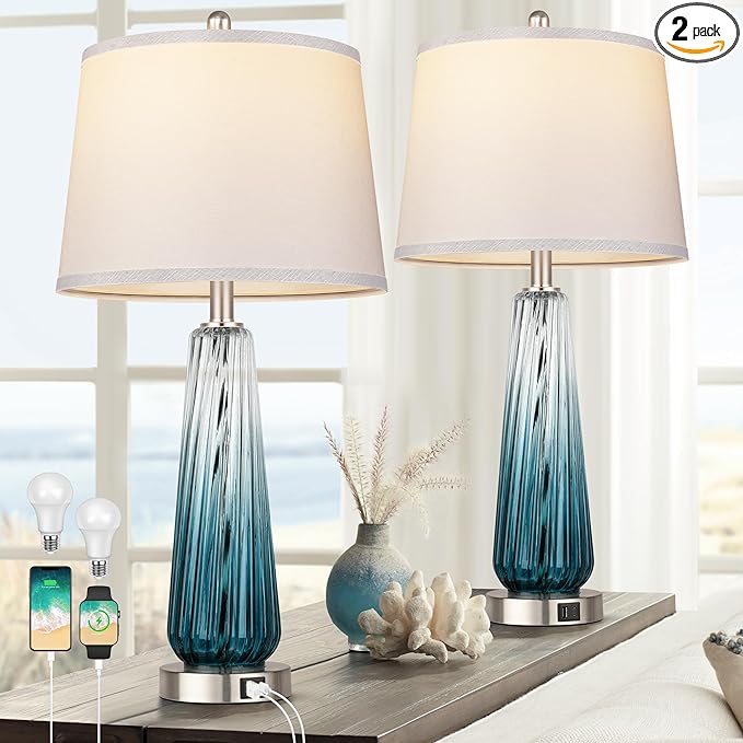 Table Lamps Set of 2 with Touch Control, Modern Glass Bedside Lamps with USB A+C Ports, 3-Way Dimmable Nightstand Lamp with White Fabric Shade, 27.5" Large Lamps for Living Room Bedrooms Decorations