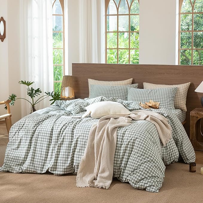 MooMee Gingham Duvet Cover Set 100% Washed Cotton Linen Like Textured Breathable Durable Soft Comfy Modern Checkered Design (Sage Green Gingham, Full 80"x90")