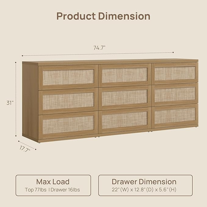 SICOTAS Dresser for Bedroom - 75" Wide 9 Drawer Dresser Rattan Dressers & Chests of Drawers Boho Drawers for Bedroom Bedside Table Clothes Long Closet Storage for Closet Hallway Entryway