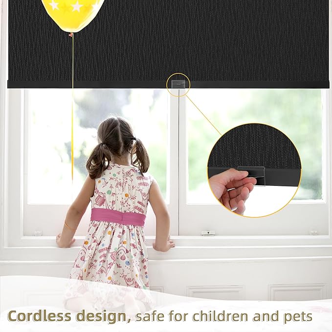 ChrisDowa Cordless Blackout Roller Shades for Windows, Striped Free-Stop Window Blinds with Privacy, Thermal Insulated Window Shades for Home, Office and Door. Black, 45" W x 72" H
