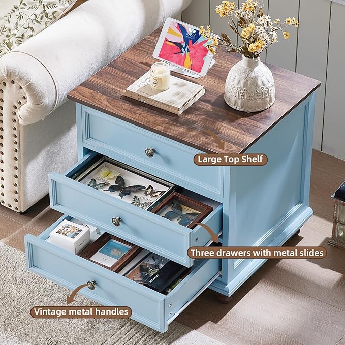 24" Wide Farmhouse Night Stand Set of 2,Large End Table with 3 Drawers & Metal Handle,Light Blue Wood Dresser for Bedroom Cabinet, Bed Side Table Chest of Drawers,Nightstand for Living Room