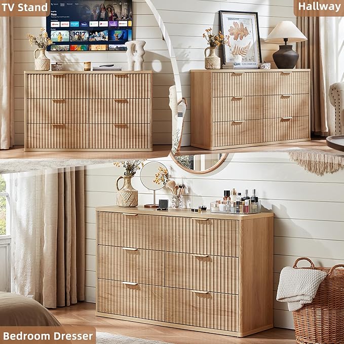 LEYAOYAO Fluted Dresser and Nightstand Sets, Wood 48" Wide Dresser & 23" Night Stand with Charging Station, 2 Piece Bedroom Furniture Set, Chest of Drawers for Bedroom, Home, Living Room,Wood