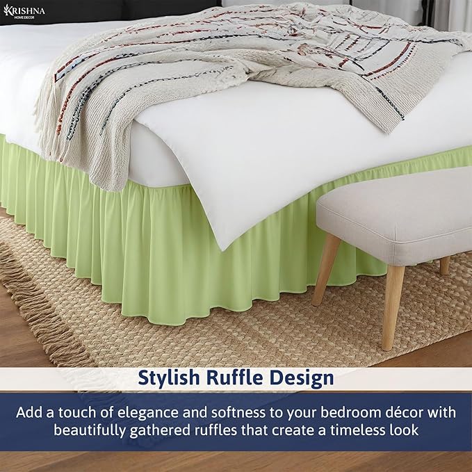KRISHNA Ruffled Bed Skirt with Split Corners Queen, 100% Microfiber Hotel Quality, 12 Inch Drop Dust Ruffle Gathered Bedskirt with Platform, 60" x 80", Sage