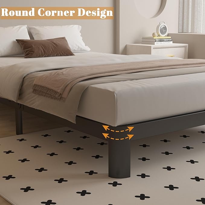 King Size Bed Frame 4 Inch Black, Metal King Bed Frame with Baffles, No Box Spring Needed, Heavy Duty Steel Platform Support, Rounded Corner Legs, Reserved Holes, Noise Free, Easy Assembly