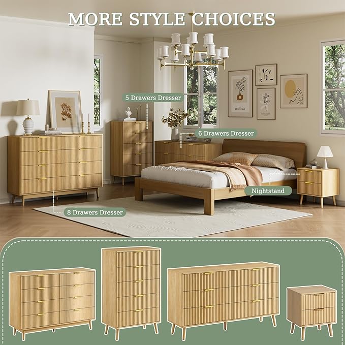 LYNSOM Fluted Dresser and Nightstand Sets 3 Piece, 9-Drawers Dresser and 1-Drawer Nightstands Set of 2, Wood Bedroom Furniture Set for Home, Bedroom, Hallway, Oak