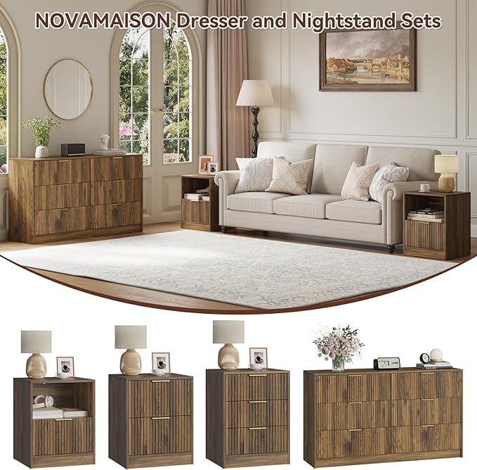 6 Drawer Dresser & Nightstand Set 3-Piece, 55” Wide Bedroom Set Night Stand Set of 2 with Metal Handle, Fluted Modern Wood Chest of Drawers Storage Dressers Set for Bedroom, Walnut