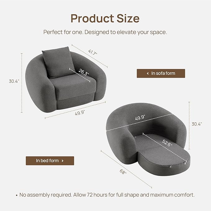 SICOTAS Curved Sofa Couch Bed for Living Room Convertible Futon Cloud Boneless Sleeper Chair Pull Out Floor Couch with Deep Seat Sofa Set Foam No Assembly Required for Bedroom Apartment, Dark Grey