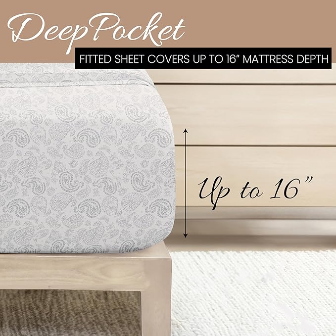 Linen Market Double-Brushed Patterned Microfiber Twin Sheet Set 3 Piece – Oeko-TEX Certified Ultra Soft & Wrinkle-Free - 16" Deep Pocket Sheets - Easy Care Twin Size - Coarse Paisley Light Gray