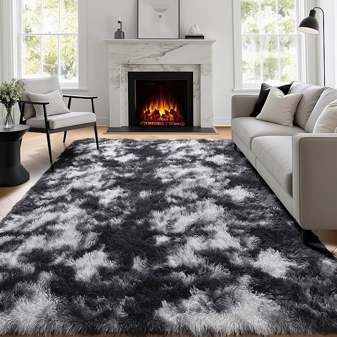 PAGISOFE Black White Grey Rugs for Living Room 5x8, Shag Fuzzy Fluffy Rectangular Rugs for Kids Room Playroom Classroom Dorm Shaggy Soft Carpet for Home Decor Aesthetic Plush Bedside Rug Modern Cool