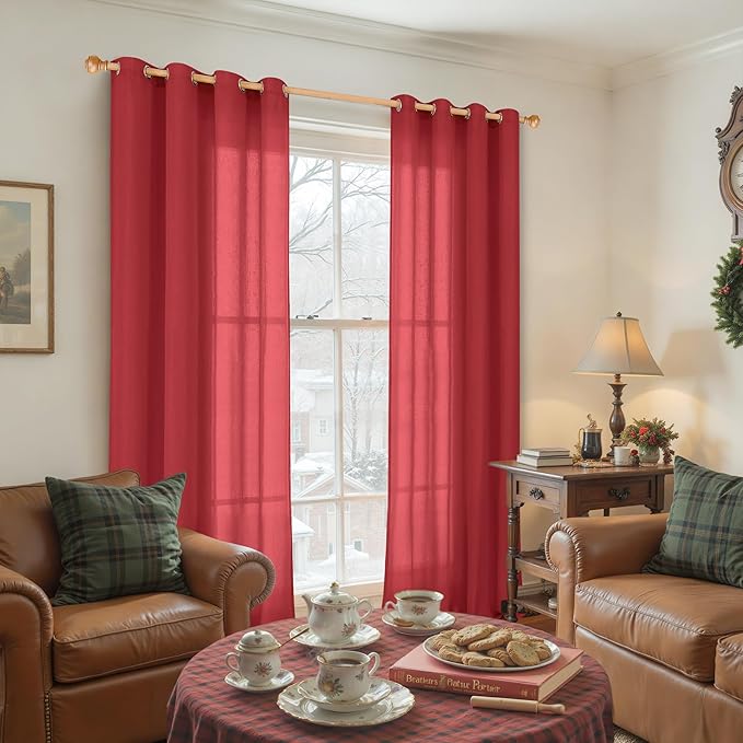 YoungsTex Red Linen Curtains 90 Inches Length for Living Room, Light Filtering Drapes Privacy with Grommet for Christmas Bedroom Dining Room, 2 Panels, 52 X 90 Inch