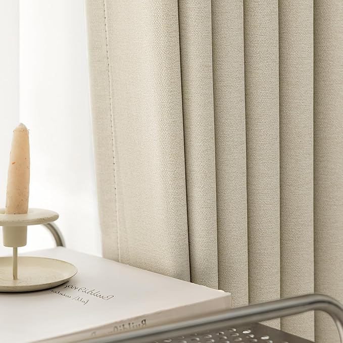 Blackout Curtains for Bedroom 90 inch Length 2 Panels Set, Farmhouse Linen-Look Textured Full Light Blocking Room Darkening Thermal Insulated Drapes for Living Room (W52xL90, Cream)